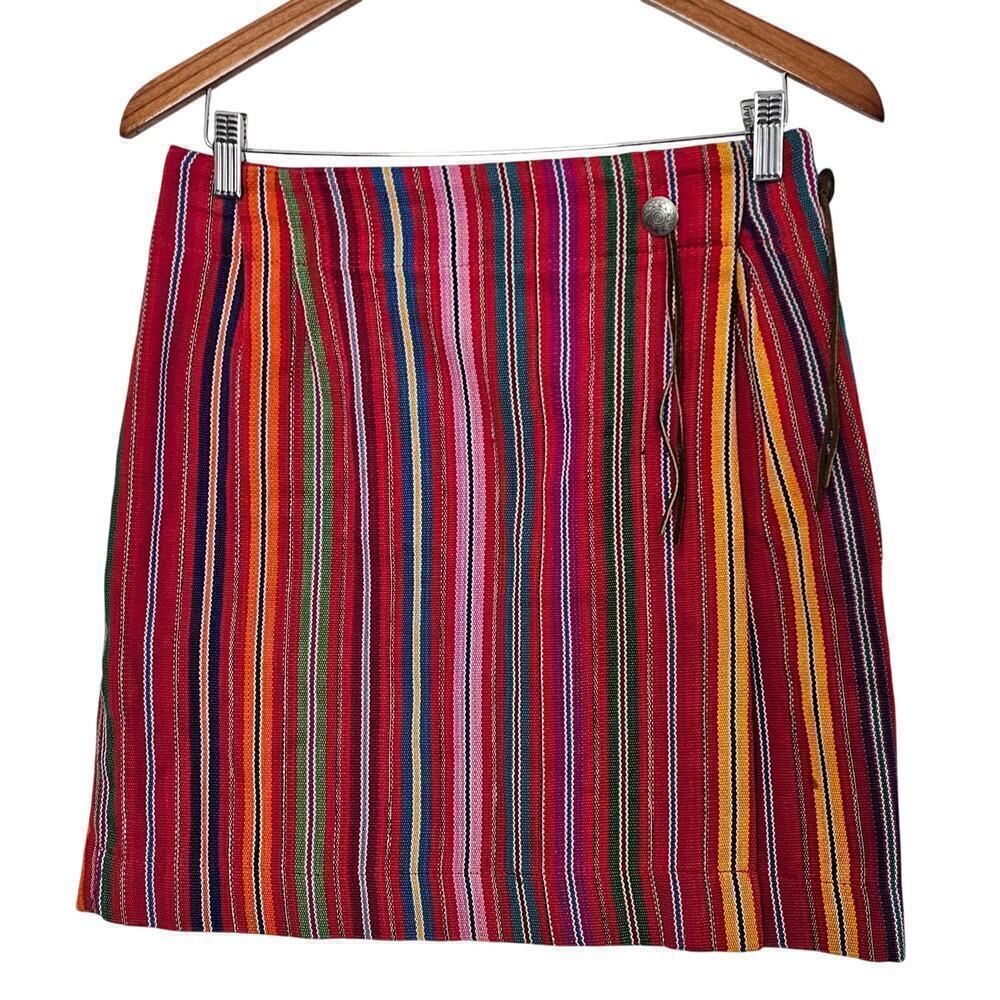 Vtg Central Falls 80s Wrap Skirt Women Size 10 Red Stripped Boho Southwestern